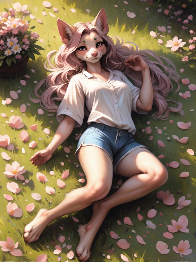 by kenket, by totesfleisch8, (by thebigslick, by silverfox5213:0.8), (by syuro:0.2), Athena, a cute pink domestic dog, tall, pink dog tail, pink pointy dog ears, pink eyes, white sclera, long pink wavy hair, cute snout, pink nose, wearing white blouse, blue shorts, barefoot, outdoors in a beautiful public park, windy day, flower petals flying everywhere, lying on the ground, seductive pose, lying in a pile of flower petals, Birds Eye view