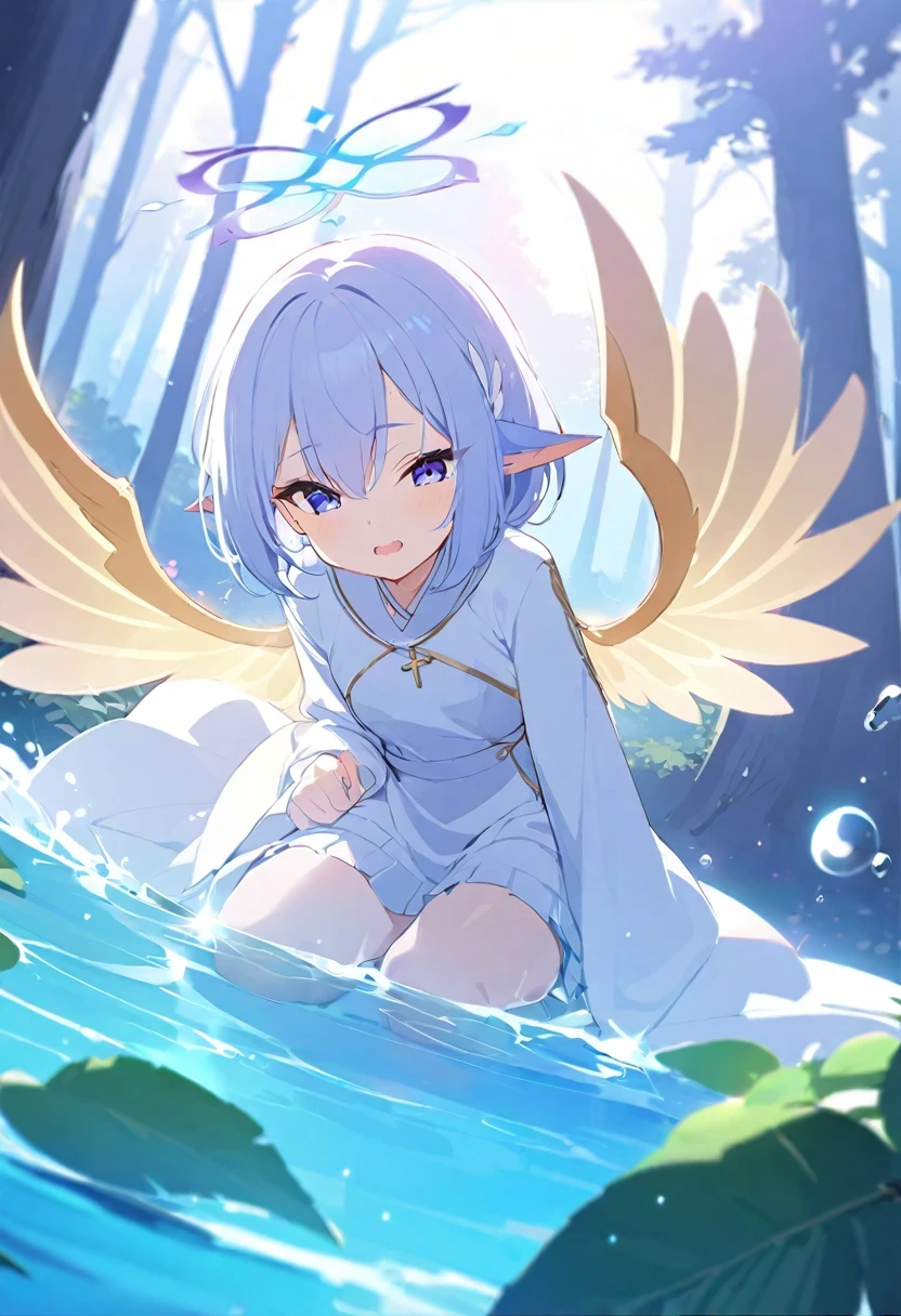 ((shylily/(Twich/))),(masterpiece:1.2),(best quality:1.2),, (1girl:1.3),(((masterpiece))), (((Best quality)))), offcial art, extremely detaild的 CG unified 8k wallpapers,((ultraclear)), natta, Sateen, beautiful detailed sky, Beautiful and delicate water, GameCG, sketching, solo, female student,Angelic,Wet hair, hair between eye, Hair behind the ears, Carefree eyes and white eyelashes,half closed eye,(Over-the-knee stockings, The halo, cross necklace, looking-down, Feather ornament, leaf hair accessories, at a forest, lakeside, ((long leges))), (((short skirt))), long sleeve dynamo, white blindfold, elvish ears, (((Golden wings are more yellow,Phoenix Wings,divinelight