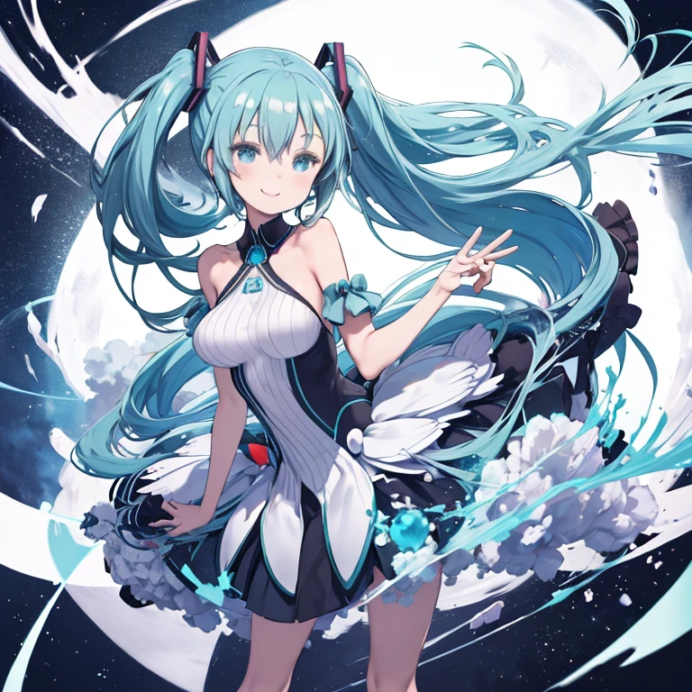 The upper body is Hatsune Miku，The lower body is a large spider，blue  hair，Eight red eyes,,{{Best quality}}, {{Masterpiece}}, {{Ultra-detailed}}, {illustration}, {Detailed light}, {An extremely delicate and beautiful}Messy floating hair, Colored inner hair, Starry sky adorns hair, depth of fields,Loli，Largest breasts，The head has three horns,There are five-color lines on the body，Black sclera，Highly detailed, High quality, Masterpiece, Long hair, Execution, teeth, Horror (Theme), Smile, Sharp teeth, Glowing, Dark, Blood, The longest tongue, grin, Glowing eyes, Evil smile，The lower body has only eight spider legs，There are spines in the spine，Stick out your tongue，There are red glowing square gemstones and square sapphires on the chest，The sharpest claws，Eight hands，holding a scythe，Venom is spread throughout the body，red colored skin｛meticuloso｝，There is an eye in the palm of the hand，The spine has raised spines，The arm turned into a snake，There are bone spurs on the tail，Lamia, scutes,Human sharks, maid, Fins, Underwater, full bodyesbian, navel, Original Character, voluminetric lighting, Best shadows, Shallow depth of field, stunningly beautiful girl, Petite, Delicate Beautiful Attractive Face，harpy, feater,