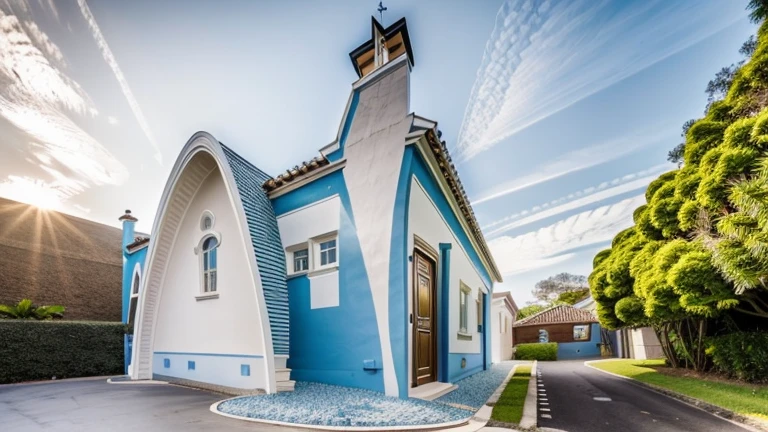 (1neoclassic house, The house is made from white walls and some walls are painted bright blue)), beautyful light, beautyfulday, sunny, Many grass bougainvilleas along the road:1.3, lovely youthful feeling :1.2, sunlight at 12 noon, Very beautiful shadows
