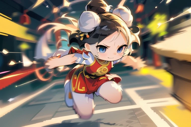 #quality(8k wallpaper of extremely detailed CG unit, ​masterpiece, hight resolution, top-quality, top-quality real texture skin,hyper realisitic, digitial painting,increase the resolution,RAW photosbest qualtiy,highly detailed,the wallpaper),solo,a china girl is fighting by kung-fu,#1girl(chibi,cute, kawaii,,hair floating,messy hair,dark hair,two bun,messy hair,hair,skin color white,eye color dark,eyes shining,big eyes,breast,smile,dynamic action,dynamic pose,dynamic angle,sweat,full body), BREAK ,#arms and regs(motion blur:1.8),#background(at front of the chinese temple:1.4,),(when drawing the hand please draw them very correctly for sure),[nsfw]each hand five fingers