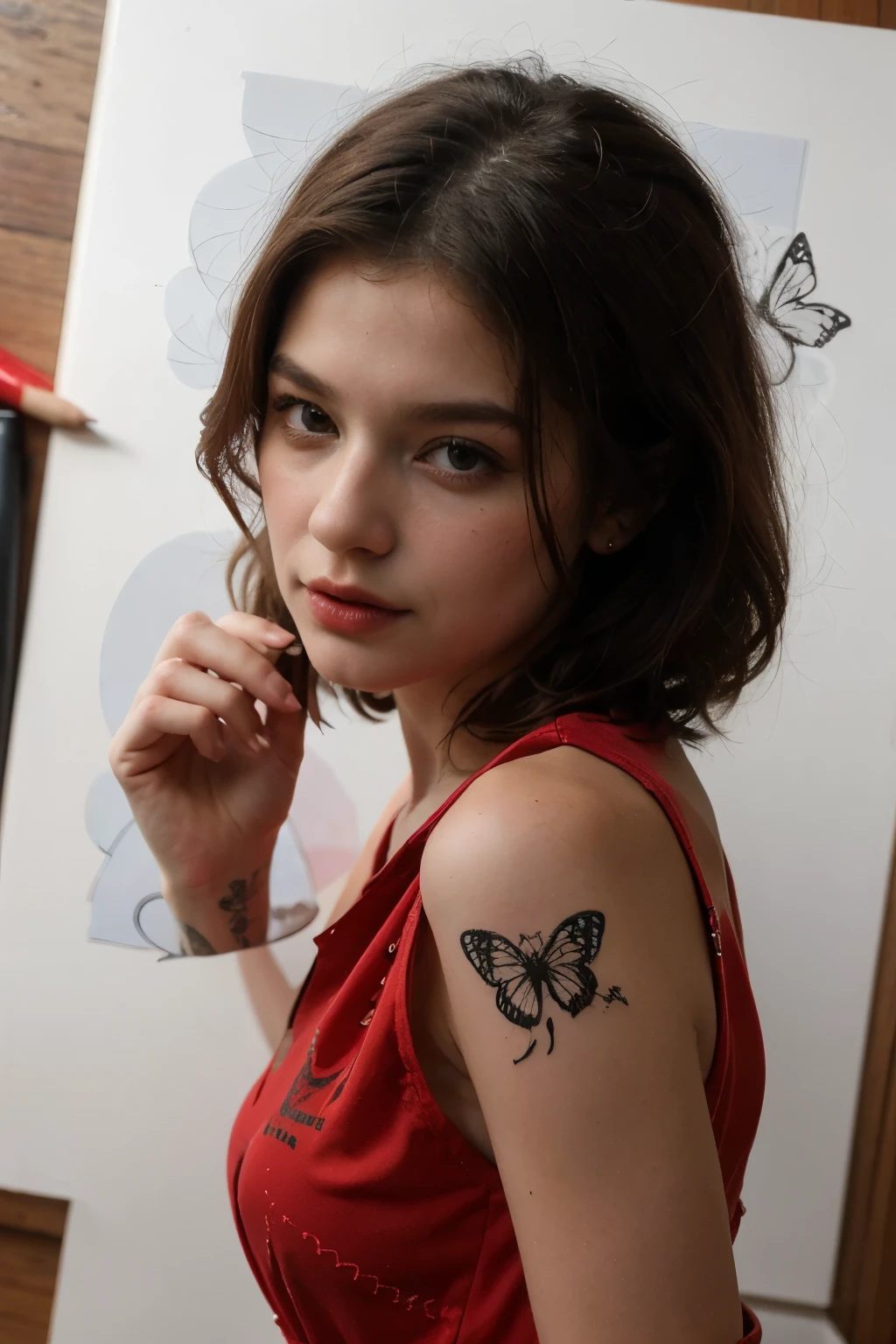 ((best quality)), ((masterpiece)), (detailed), perfect face, tattoo stencil, woman in red dress jumpimg, butterfly instead of the head, (poetic draw), (black and white with some red color