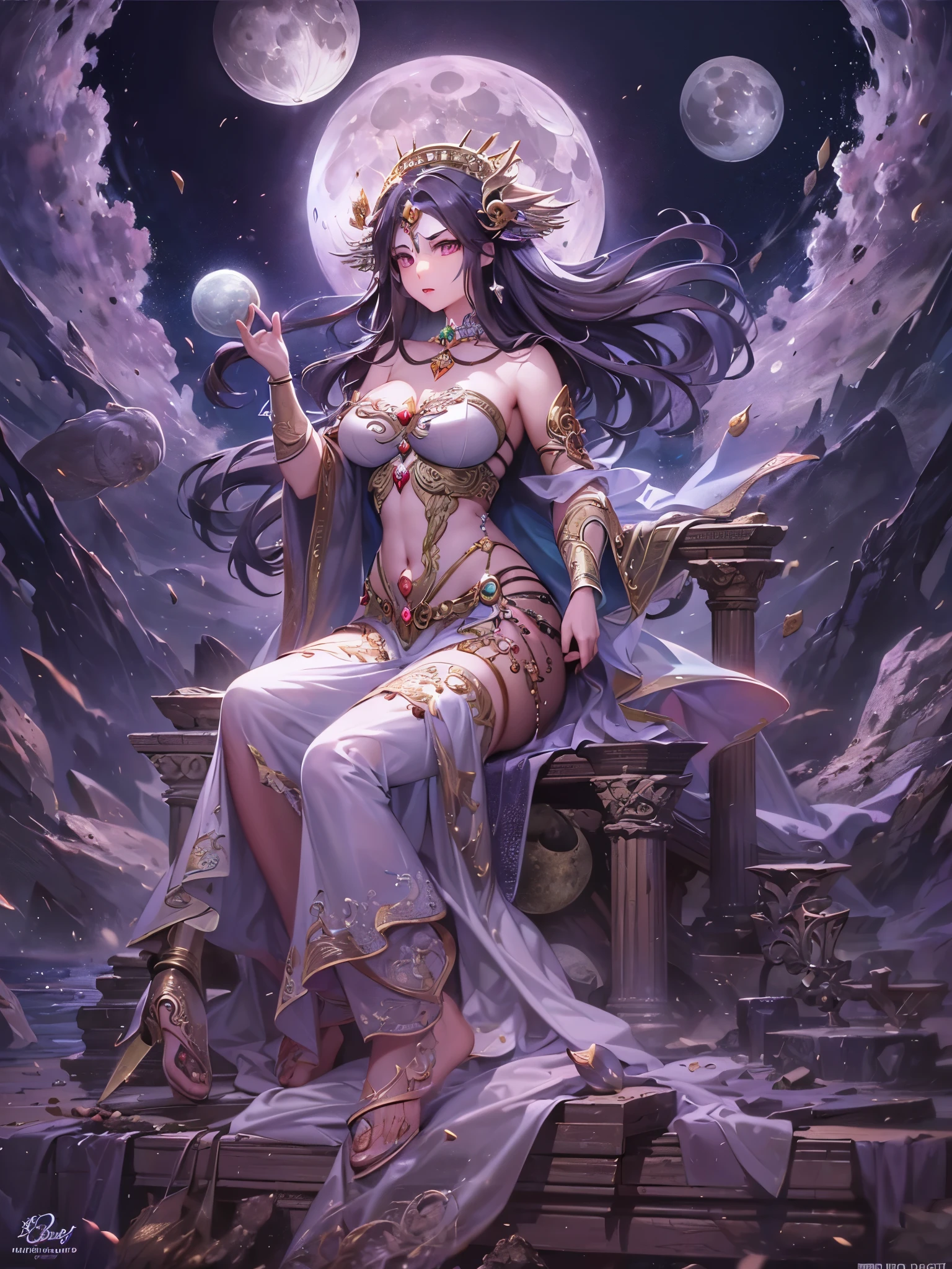 ((highest quality)),(Ultra-high resolution),(Very detailed),(Detailed Description),((The best CG)),(A masterpiece),Ultra-precise art,amazing drawing art,(Fantasy art with intricate detail:1.5), A ruined world:1.4、(goddess of the moon:1.7), justice,courage,