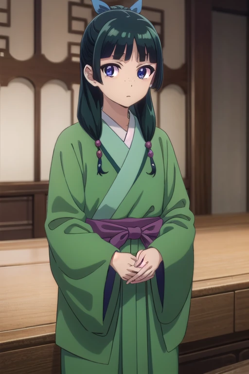 kusuriyamaomao, maomao, long hair, bangs, blue eyes, hair ornament, green hair, blunt bangs, freckles, hair bun, single hair bun,
BREAK japanese clothes, robe, green robe, long sleeves, wide sleeves, hakama, red hakama,
BREAK indoors,
BREAK looking at viewer, (cowboy shot:1.5),
BREAK (masterpiece:1.2), best quality, high resolution, unity 8k wallpaper, (illustration:0.8), (beautiful detailed eyes:1.6), extremely detailed face, perfect lighting, extremely detailed CG, (perfect hands, perfect anatomy),