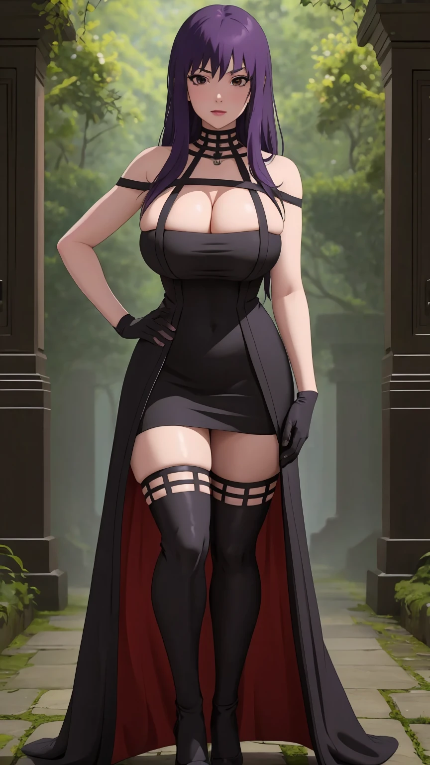 masterpiece, best quality, extremely detail 8k cg, high resolution, 1girl, yuugao, solo, purple hair, long hair, sidelocks, brown eyes, perfect eyes, slim body, huge breasts, bursting breasts, standing, black dress, black thighhighs, black gloves, seductive face, outdoors, garden, night time, beautiful face, wide shot photo, full body