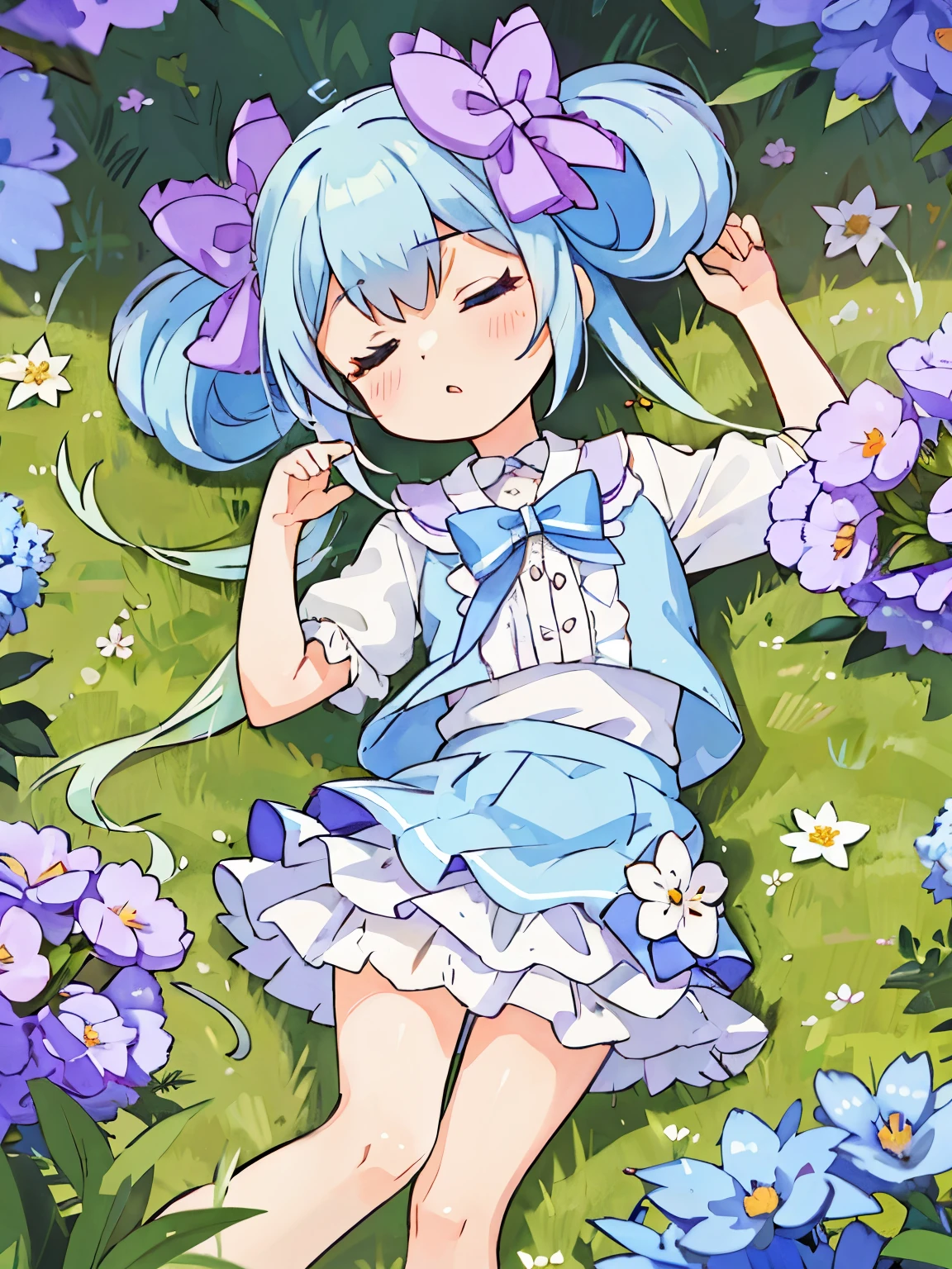 highest quality,Very detailed,masterpiece,White shirt, Pink mini skirt, Frills, Flat Chest, Long Hair, blue eyes, Double good, Purple ribbon, Blue Hair, Twin tails, Hair between the eyes, hair bow, Eyebrows visible through hair,Flower Field,Spread your hands,Lying on your back,lying on the ground,4K resolution,Chibi,Close ~ eyes,sleep