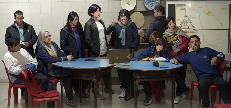 estudiantes sentados en una mesa con un grupo de personas paradas alrededor, representando la ultima cena de da vinci, con colores parecidos a la pintura de da vinci, los rostros se mantienen como los originales, y se amplia un poco los laterales de la imagen, ampliando la imagen, hay objectos en la mesa