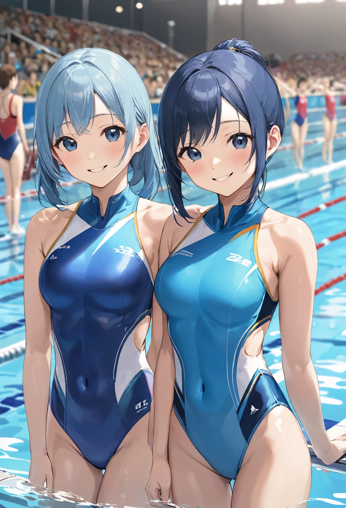 masterpiece、highest quality、High resolution、Two realistic girls、Competitive swimmer、Close-up of a person、Wearing a blue bodysuit、During Competitive swimmerics competitions、smile、Swimming Venues、sexy competitive swimwear