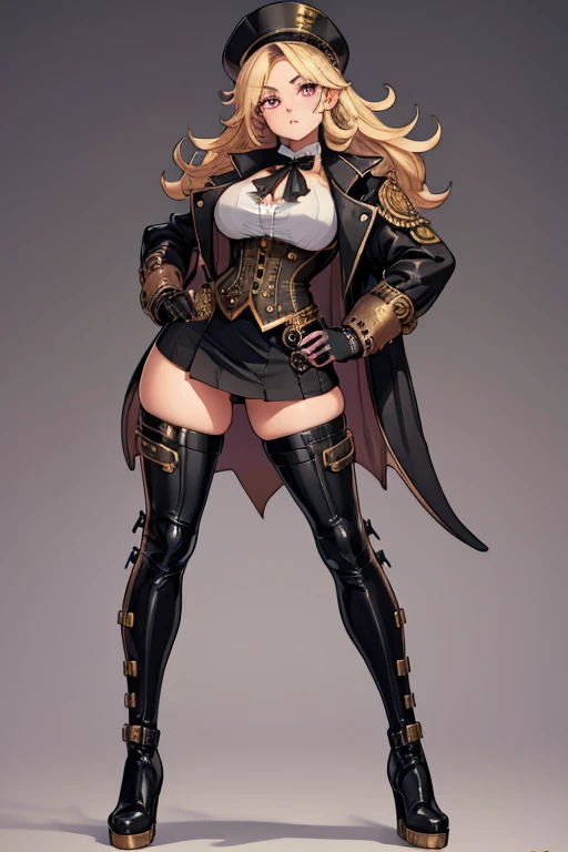 female, blonde long hair, pink eyes, (((1girl))), (((black steampunkcoat))), (white shirt), (black gloves), (gold vest), (black skirt), (brown tights), (black steampunk boots), cute and sexy, large breasts, large butt, full body, long legs