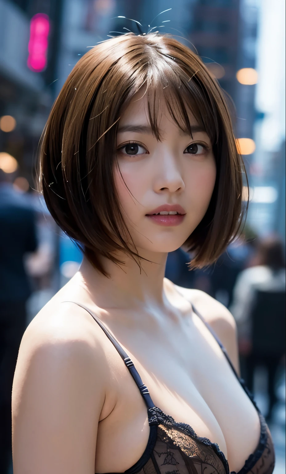 ((Small breasts:1.5))、((Close-up of face:1.6))、((Brown short bob cut:1.7))、Feminine cute underwear woman, Blue LED light, cute underwear:1.6, Cleavage, high tech, Ultra-high resolution, 32k, (In underwear:1.7), (detailed:1.4), Cyberpunk city background, Rainy Street, Beautiful Face, Brown short bob cut:1.6, Professional Lighting, masterpiece, Very delicate and beautiful, Professional photos