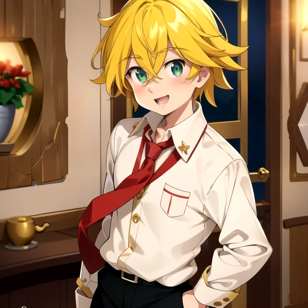 1 boy, golden hair, innkeeper, with a shirt, with a red tie, white pants, black shoes, smiles, happy, green eyes, friendly, strong, whole shot,