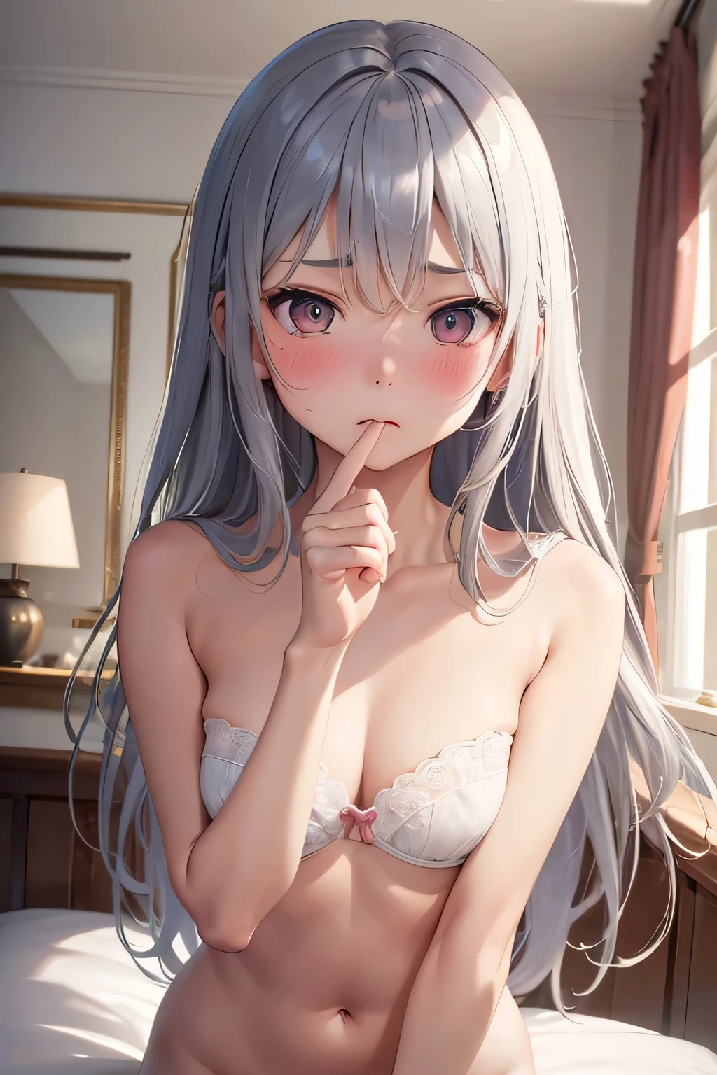 Mastepiece、masterpiece、highest quality、Super detailed、High resolution、8K Portrait、High definition CG of Unity 8k wallpaper、Cute little:1.5、Loli:1.5、Highly detailed CG Unity 8k wallpaper、Realistic、Real person、 Portrait Photography、Shiny skin、High definition、(:1.2)、(1 girl)、Beautiful clear eyes、extremely detailed description、Delicate face、Nice lips、Slim body、(thin waist)、Thin legs、(bed room:1.6)、1 Girl, Cute, Perfect Face, seriously, (blush:1.5),(Silver long hair:1.3),(big breasts:1),((cotton underwear:1.3)),(half nude:1.3),(looking at view),(from front),(disapproval face:1.4),(Strike a Pose:1.2)