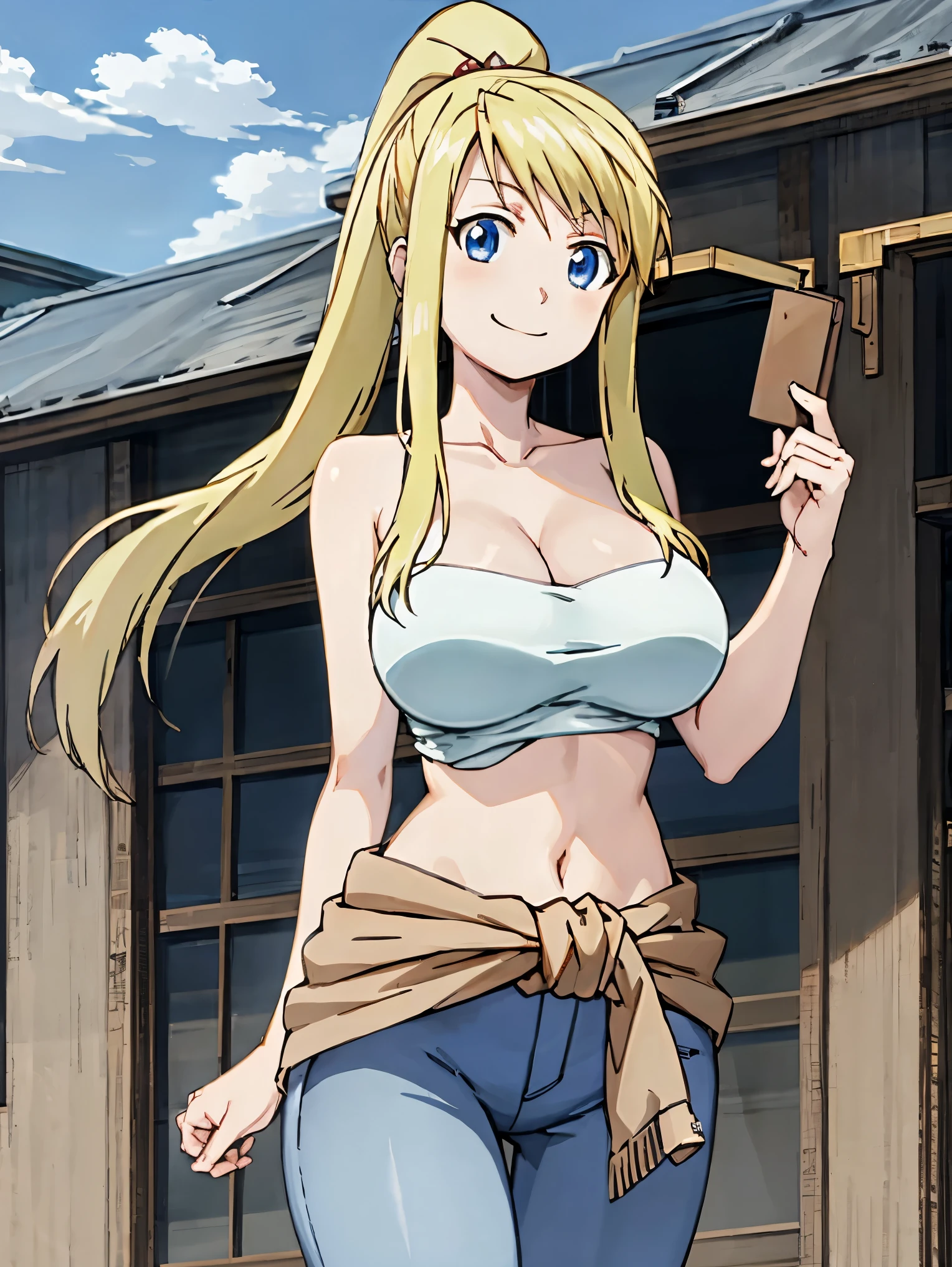 Blonde、ponytail、blue eyes、Super huge breasts、Big Ass、Thick legs、Upper body nude、Shoulder exposed、masterpiece、High resolution、highest quality、Detailed face、Anime Moe Art Style、abdomen、Belly button、Cowboy Shot、A big smile、Outdoor、healthy、jeans、jeans、Anime best girl with clothes tied around her waist, cute anime girl,Winry Rockbell
