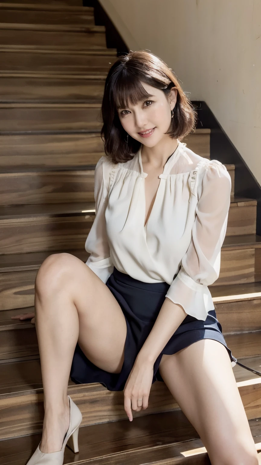 NSFW, ((Top Quality)), ((8K)), ((Masterpiece: 1.3)), (Perfect Appearance), (Photorealism: 1.6), (Japanese woman sitting on the steps of Plaza Espanya), (women sitting side by side on the stairs), (Sitting on the stairs, panties showing: 1.3), japanese woman, (48 years old), married woman, ((realistic skin texture)), (fine lines all over the skin: 1.0), dullness, lack of moisture, wrinkles on the face, wrinkles at the corners of the eyes, (double eyelids: 1.0), crying moles, Her lips are thinly parted, the corners of her mouth are raised in a gentle smile, dimples, short bangs, short hair, small breasts, small nipples, soft fabric blouse, wide sleeves, Cuffs that fit your wrist, (The hem of the blouse is tucked into the skirt: 1.2), long tight skirt, (open legs), high heels, (panties), (pantyshot: 1.2), sitting on the steps, (underwear), (white panties: 1.0), (spread legs: 1.2), (whole body), woman sitting right in front of me, low angle