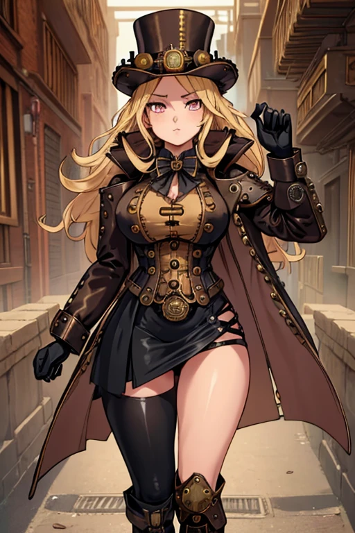 female, blonde long hair, pink eyes, (((1girl))), (((black steampunk coat))), (white shirt), (black gloves), (gold vest), (black knee length skirt), (brown tights), (black steampunk boots), cute and sexy, large breasts, large butt, full body, long legs