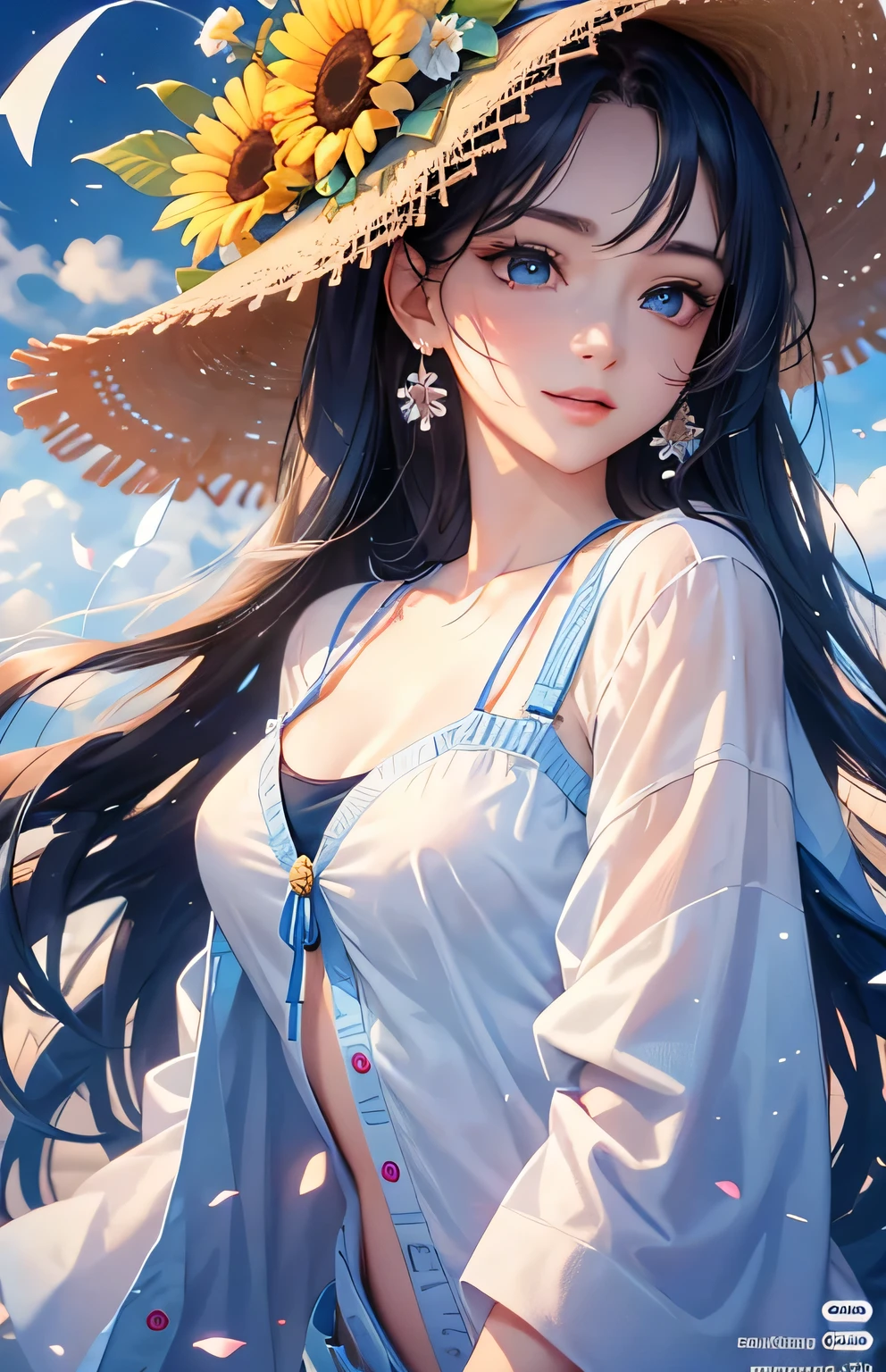masterpiece、highest quality、High resolution、High-quality images、8k, 1 female、Skin Radiance、Texture of skin and clothing、Expression of fine eyes、Shiny light brown hair,Girl with long braided hair, Manga inspired by Lee Jong-suk, Trending on deviantart, realism, detailed manga style, Manga art style, Perfect Line Drawing, Beautiful line art, digital manga art girl, K-POPアイドル, Center of chest,Beautiful light blue eyes, Lips become thicker, Gorgeous face with attention to detail, (Cute Smile), charm, Innocent, Side view, (Perfectly detailed face), (Beautiful Hands) photorealistic images, Written boundary depth, Princess Hairstyles, sunflower， Straw hat,camisole, Lightweight cardigan , mini skirt , Amazing ocean，Beautiful sea，Romanticism,