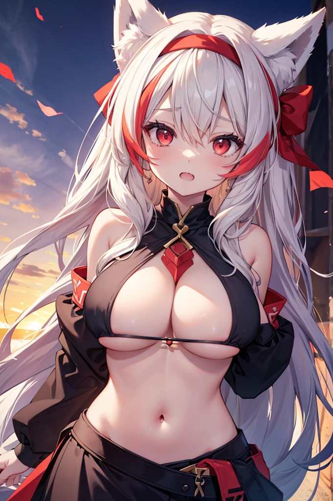 Fox Girl, Large Breasts, Two-tone hair, masterpiece , Red eyes, hd, Head to Chest, buried in my chest、Underboob、black headband on head、tooth、Double teeth