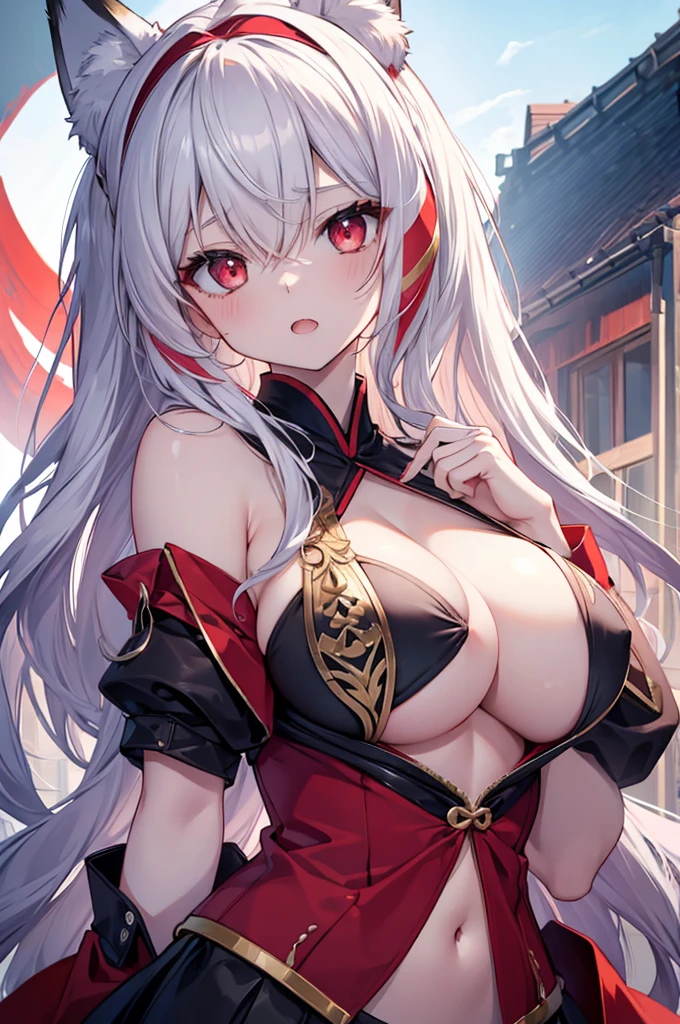 Fox Girl, Large Breasts, Two-tone hair, masterpiece , Red eyes, hd, Head to Chest, buried in my chest、Underboob、black headband on head、tooth、Double teeth