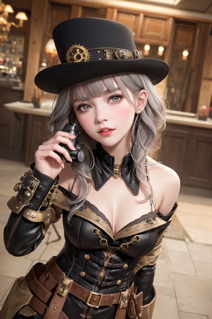 Photorealistic,(masterpiece, best quality:1.1), (8k, best quality, masterpiece, ultra highres, ultra-detailed:1.2),a girl,cute,17yo,baby face,height small,steampunk fashion,gothic Steampunk hat,goggle,corset jumper skirt(brown)bare shoulder,platform cowboy-boots,
BREAK,
gray hair,wavy short hair,beautiful detailed teeth, eyes with large brown irises, blunt bangs,small mouth, fresh lips,nose blush, smile,very happy, she has Steampunk gun,
BREAK,
combine Western elements with advanced technology,steam technology, steampunk,Late 19th century American West,beautiful lighting, volumetric lighting, dynamic angle, looking at viewer, (photographic portrait), sharp,