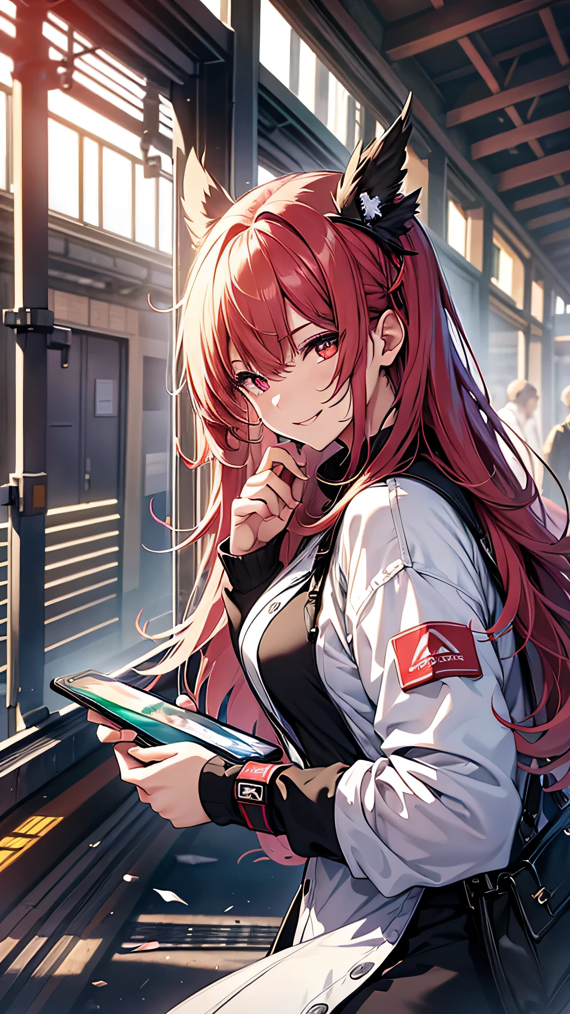 最high quality、Best image quality、masterpiece、girl((20-year-old、 By becoming、Best Bust、Medium Bust,Wide open breast tea、red glowing eyes, Black and red hair、Disheveled Hair、Long Hair、thin,The highest valley、White overshirt、Open chest、White wristband、smile、Leaning forward、hair ornaments、Side angle、Lointail、Looking at smartphone)),high quality、Beautiful art、background((Modern train、Window、Light of the sun))、Flight、Flying debris、Written boundary depth、movie、Visual Arts、Perfect art、8K,Genuine、
