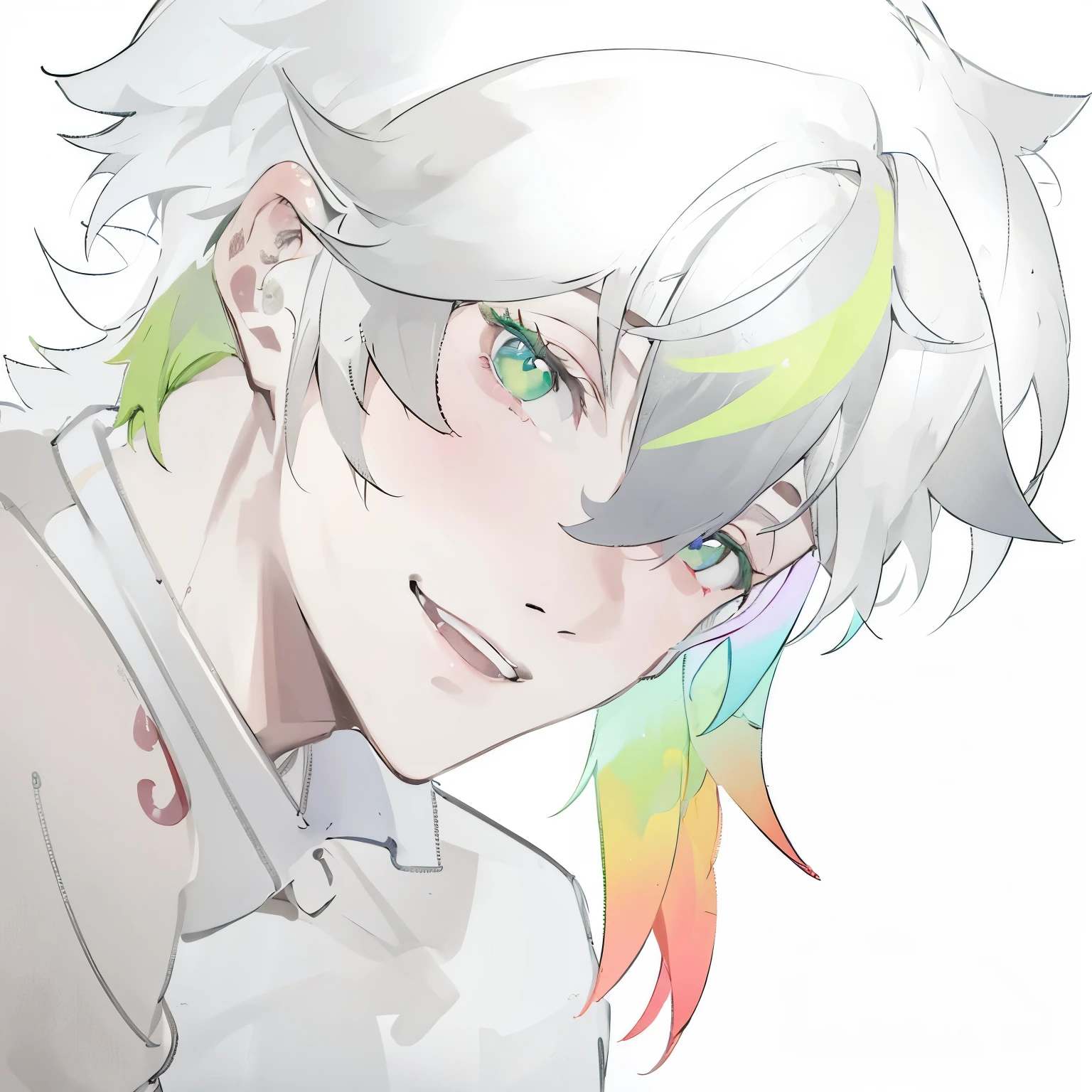 boy,Green eyes,Rainbow-hued hair