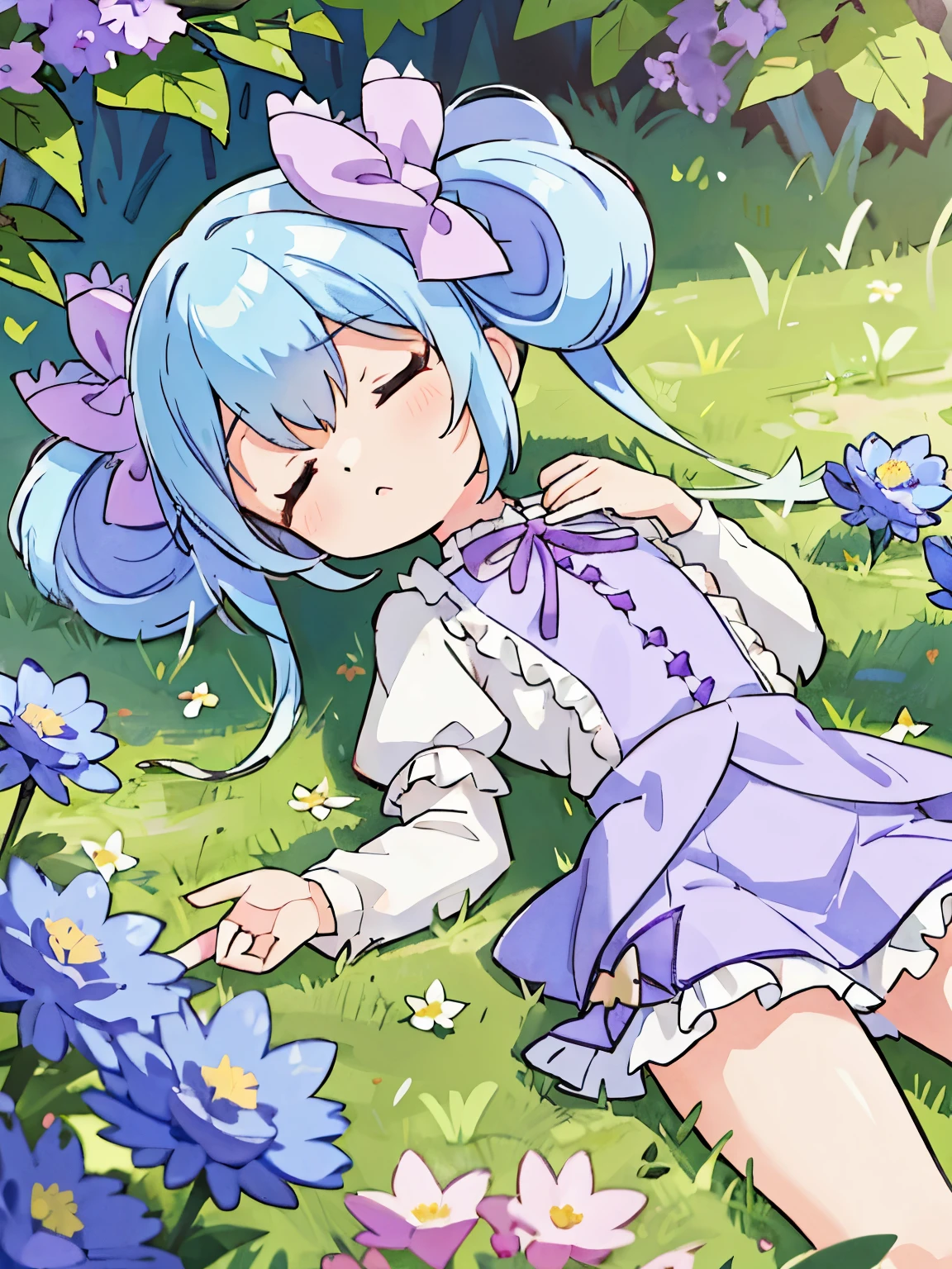 highest quality,Very detailed,masterpiece,White shirt, Pink mini skirt, Frills, Flat Chest, Long Hair, blue eyes, Double good, Purple ribbon, Blue Hair, Twin tails, Hair between the eyes, hair bow, Eyebrows visible through hair,Flower Field,Spread your hands,Lying on your back,lying on the ground,4K resolution,Chibi,Close ~ eyes,sleep,Landscape,Big dog