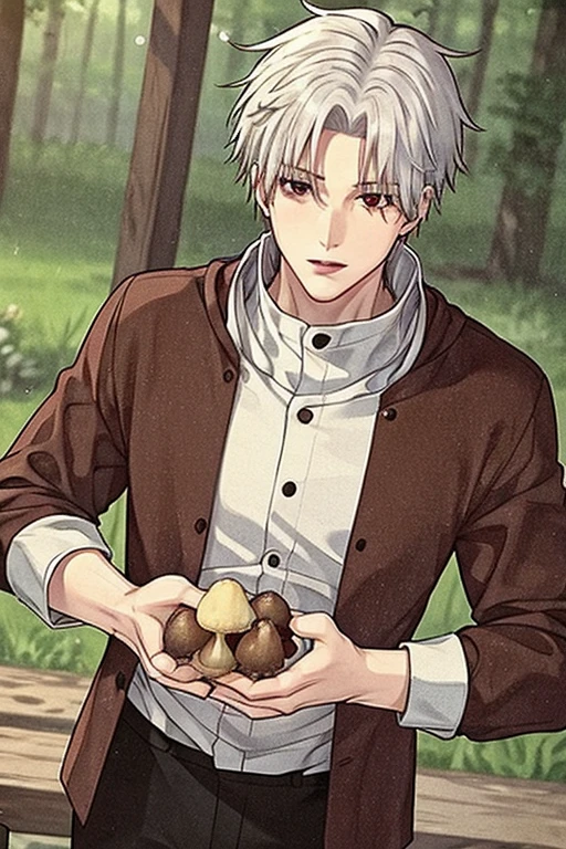 A young white haired handsome man with red eyes in a magic uniform is picking mushrooms in the forest