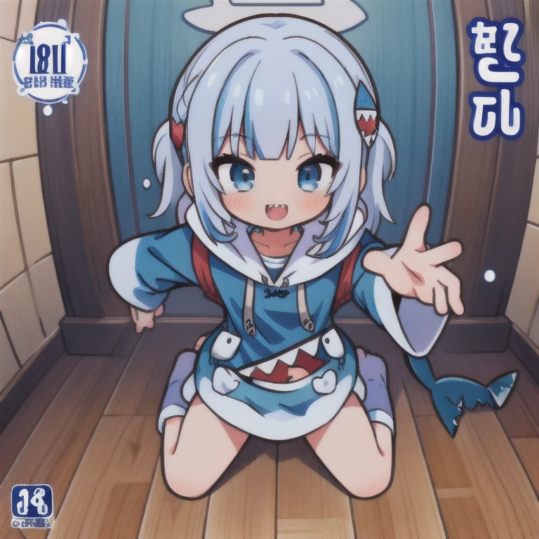 (masterpiece, highest quality), Intricate details, 8k, Art Station, wallpaper, Official Art, Splash Art, smile,
One girl, gawr mouth, Sharp teeth, shark tail, mouth_hoodie, blue hoodie, shark hair ornament, Face Focus,
Dungeons, Blake excited, Happy,In the sea,from below,full body,((manga cover:1.5)) ,