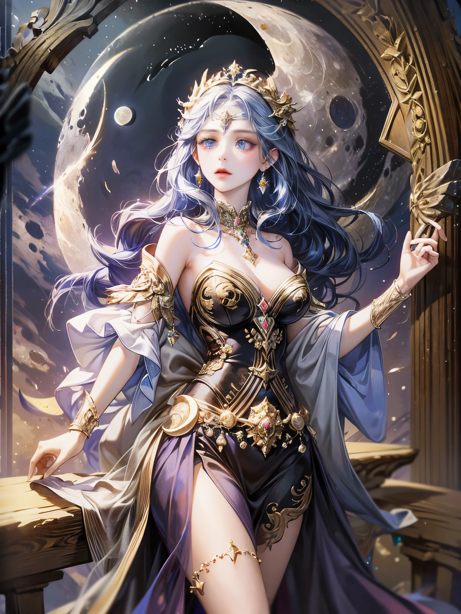 ((highest quality)),(Ultra-high resolution),(Very detailed),(Detailed Description),((The best CG)),(A masterpiece),Ultra-precise art,amazing drawing art,(Fantasy art with intricate detail:1.5), A ruined world:1.4、(goddess of the moon:1.7), justice,courage,