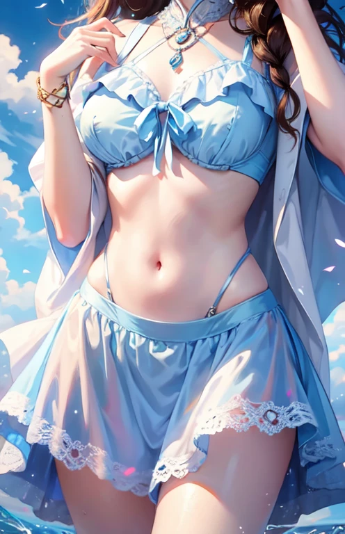 masterpiece、highest quality、High resolution、High-quality images、8k, 1 female、Skin Radiance、Texture of skin and clothing、Expression of fine eyes、Shiny light brown hair,Girl with long braided hair, Manga inspired by Lee Jong-suk, Trending on deviantart, realism, detailed manga style, Manga art style, Perfect Line Drawing, Beautiful line art, digital manga art girl, K-POPアイドル, Center of chest,Beautiful light blue eyes, Lips become thicker, Gorgeous face with attention to detail, (Cute Smile), charm, Innocent, Side view, (Perfectly detailed face), (Beautiful Hands) photorealistic images, Written boundary depth, Princess Hairstyles, sunflower， Straw hat,camisole, Lightweight cardigan , mini skirt , Amazing ocean，Beautiful sea，Romanticism,