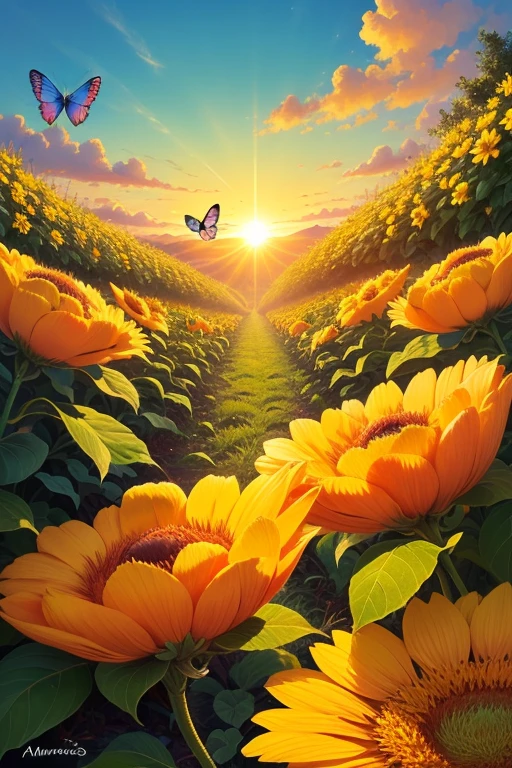 Obra maestra, mariposas naranjas, ambiente verde, hermoso, amanecer