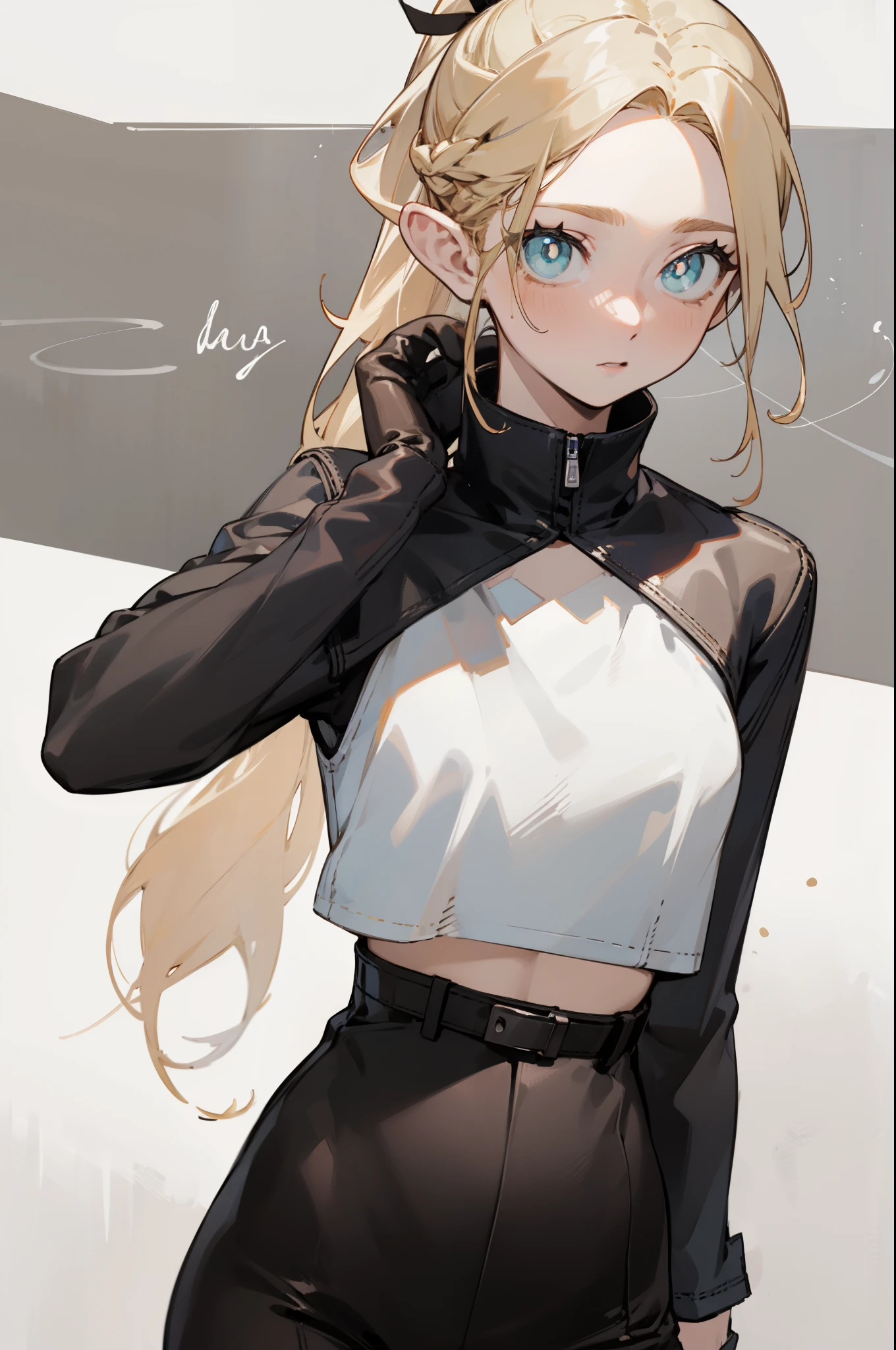 Pantyhose,Tight leather pants,White top, Fashion Clothing,Long blond hair,Single ponytail,high ponytail, bust and waist,Beautiful blonde,(masterpiece),((best quality)),(Ultra Detailed),(beautiful eyes beautiful details eyes,Clean and delicate face)