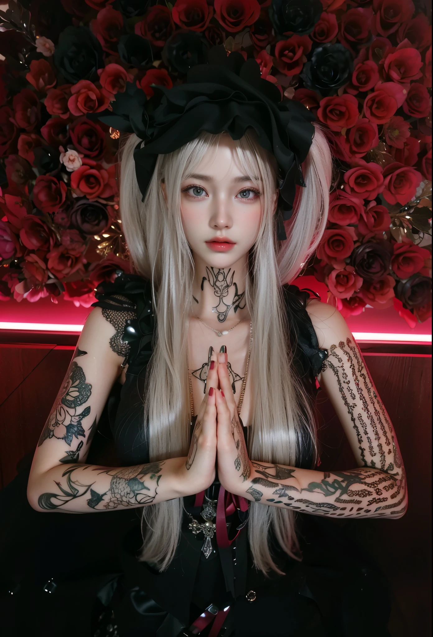Game Art,Best image quality,Maximum resolution,8k,(A half-length photo),(portrait),(Head close-up),(Rule of Thirds),Unreal Engine 5 rendering works,20 year old girl,((Queen)),Eyes are very detailed,(Large Breasts),Elegance and nobility,Movie Lighting,Ray Tracing,Game CG,((3D Unreal Engine)),OC rendering reflection pattern,4K,Ultra-clear,Translucent lace,Fair and plump figure,Pretty Face,Glossy Gel Coat,身着华贵礼服的Queen,Necklace jewelry,Dark blue pupils,Intricate tattoo designs,The tattoo is very delicate,Hands togethengers straightened