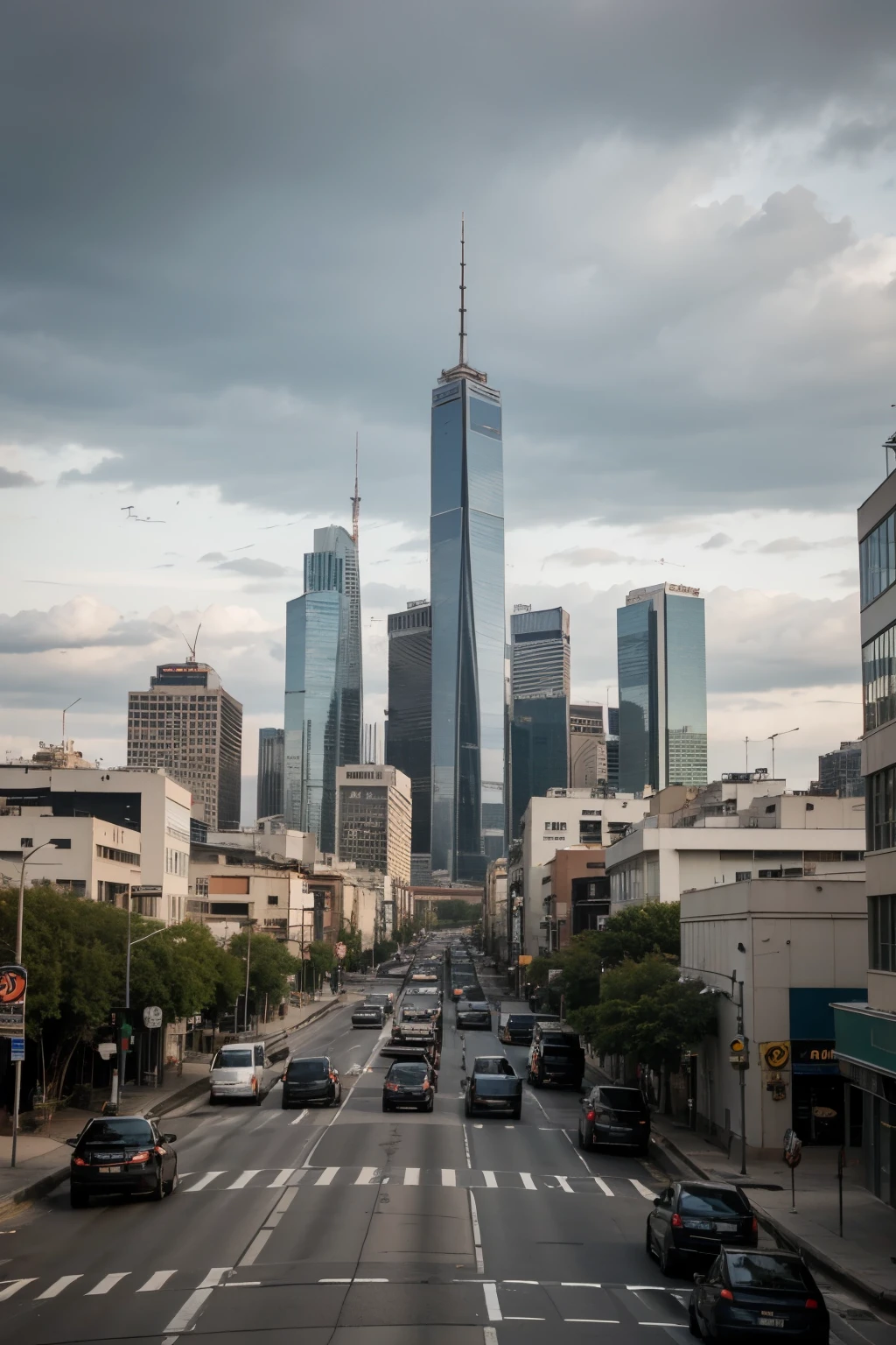 Make a horizontal landscape, que mostre um pouco de um dia na cidade grande. Carros, motos, pessoas atravessando a rua. The cloudy sky and skyscrapers adorning it, WITH SEVERAL BUILDINGS