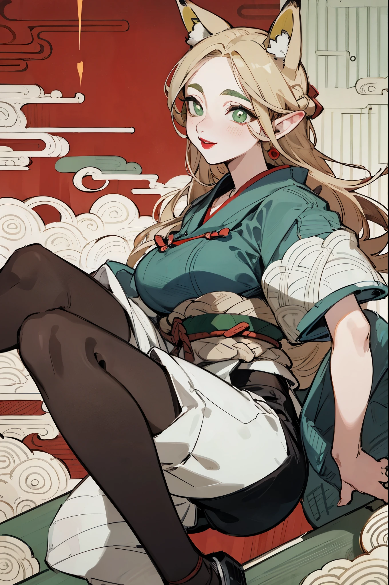 solitary,  (Fox ears), Exquisite eyes, blond，Facial details, Green Eyes, Red Eyeshadow, red lips,  Fake laugh, Ukiyo-e, masterpiece, high quality, at the lowest limit, Large Breasts，shorts，Black pantyhose