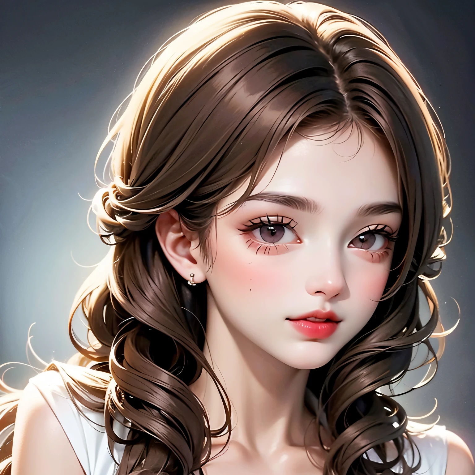 A girl with dark brown hair, a curly half up and half down hairstyle. Light brown oval eyes with big and full eyelashes, a small button nose and a pretty top