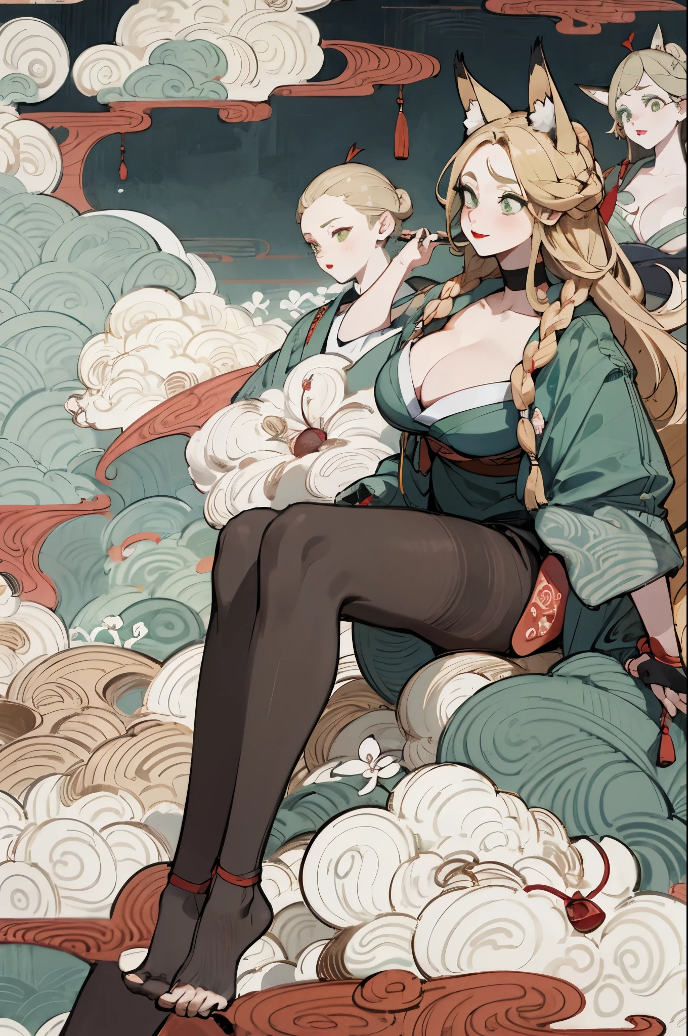 solitary, (Fox ears), Exquisite eyes, blond,Facial details, Green Eyes, Red Eyeshadow, red lips, Fake laugh, Ukiyo-e, masterpiece, high quality, at the lowest limit, Large Breasts,Black pantyhose