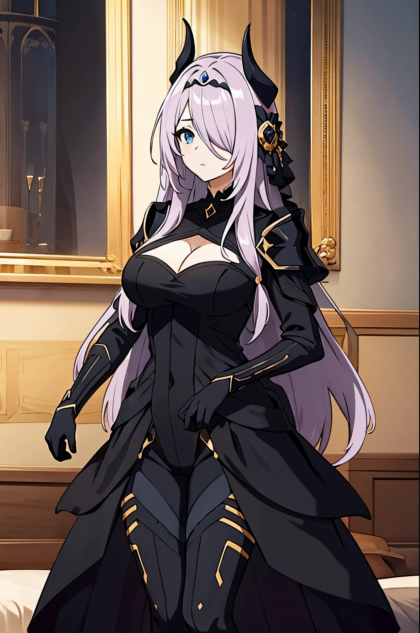 victoria
horns, tiara, veil, black bodysuit, shoulder armor, long sleeves, cleavage cutout, black gloves, black overskirt, black pants