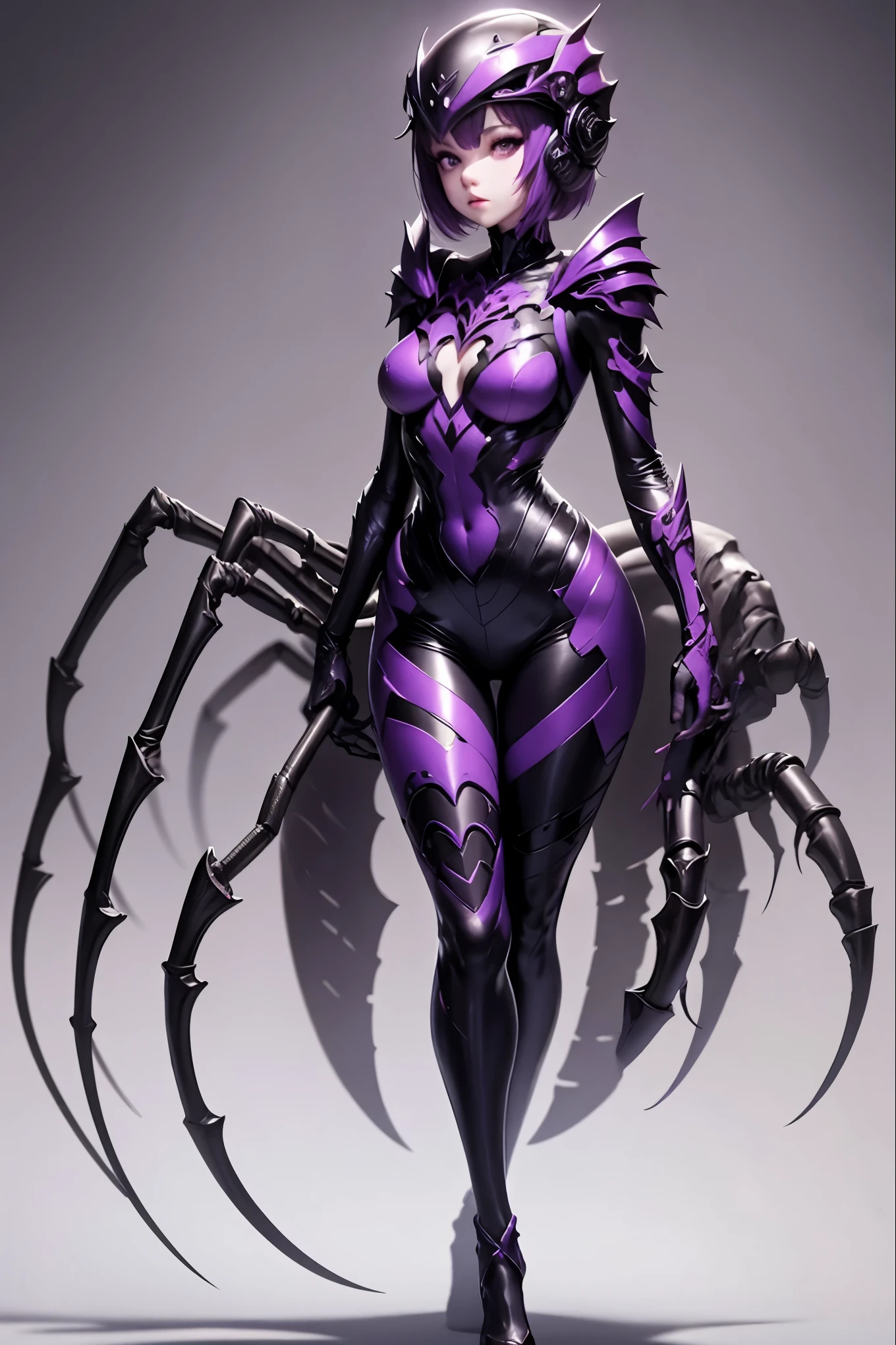 Beautiful girl fused with a scorpion. (High quality) （black and purple image color）gothic dress. body suit. cyber style. Circuit pattern. Biological Armor. Biological helmet. eye mask.