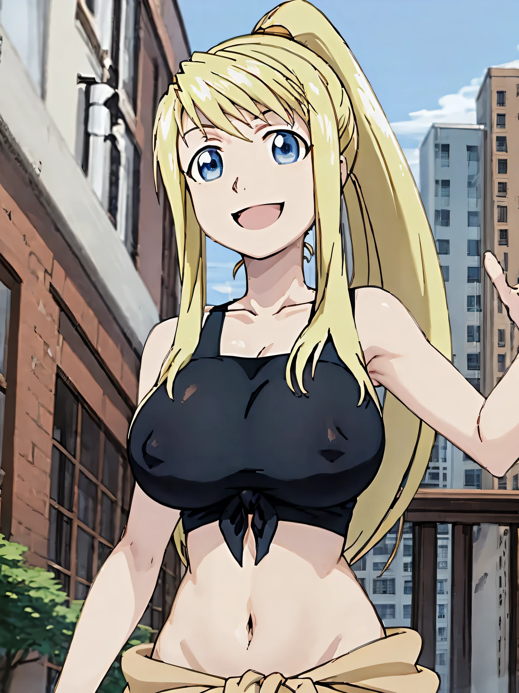 Blonde、ponytail、blue eyes、Super huge breasts、black tube top、Without shoulder straps、Shoulders exposed、tube top,masterpiece、High resolution、highest quality、Detailed face、Anime Moe Art Style、abdomen、Belly button、Cowboy Shot、A big smile、Outdoor、healthy、Tie your clothes around your waist、puffy nipple、