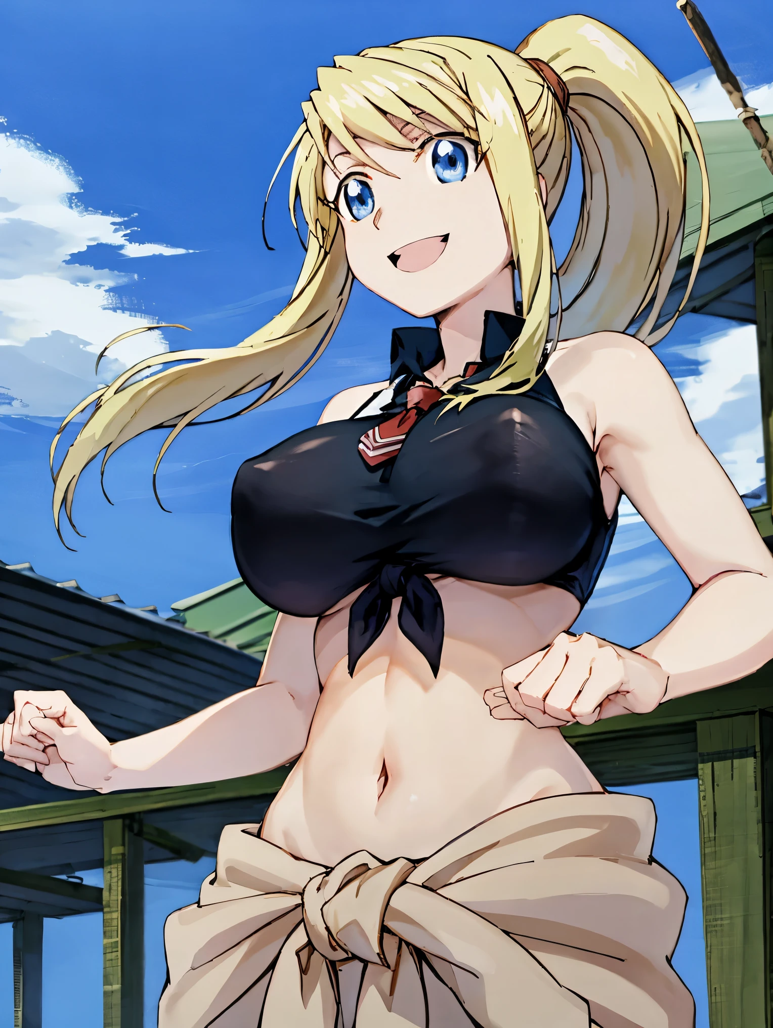 Blonde、ponytail、blue eyes、Super huge breasts、Black tube top、clothes without shoulder straps、tube top,masterpiece、High resolution、highest quality、Detailed face、Anime Moe Art Style、abdomen、Belly button、Cowboy Shot、A big smile、Outdoor、healthy、Tie your clothes around your waist、Puffy nipples、