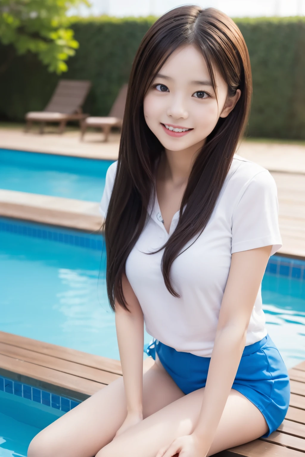 2 girls, ((uniform)), light smile, sitting, outdoor, pool,