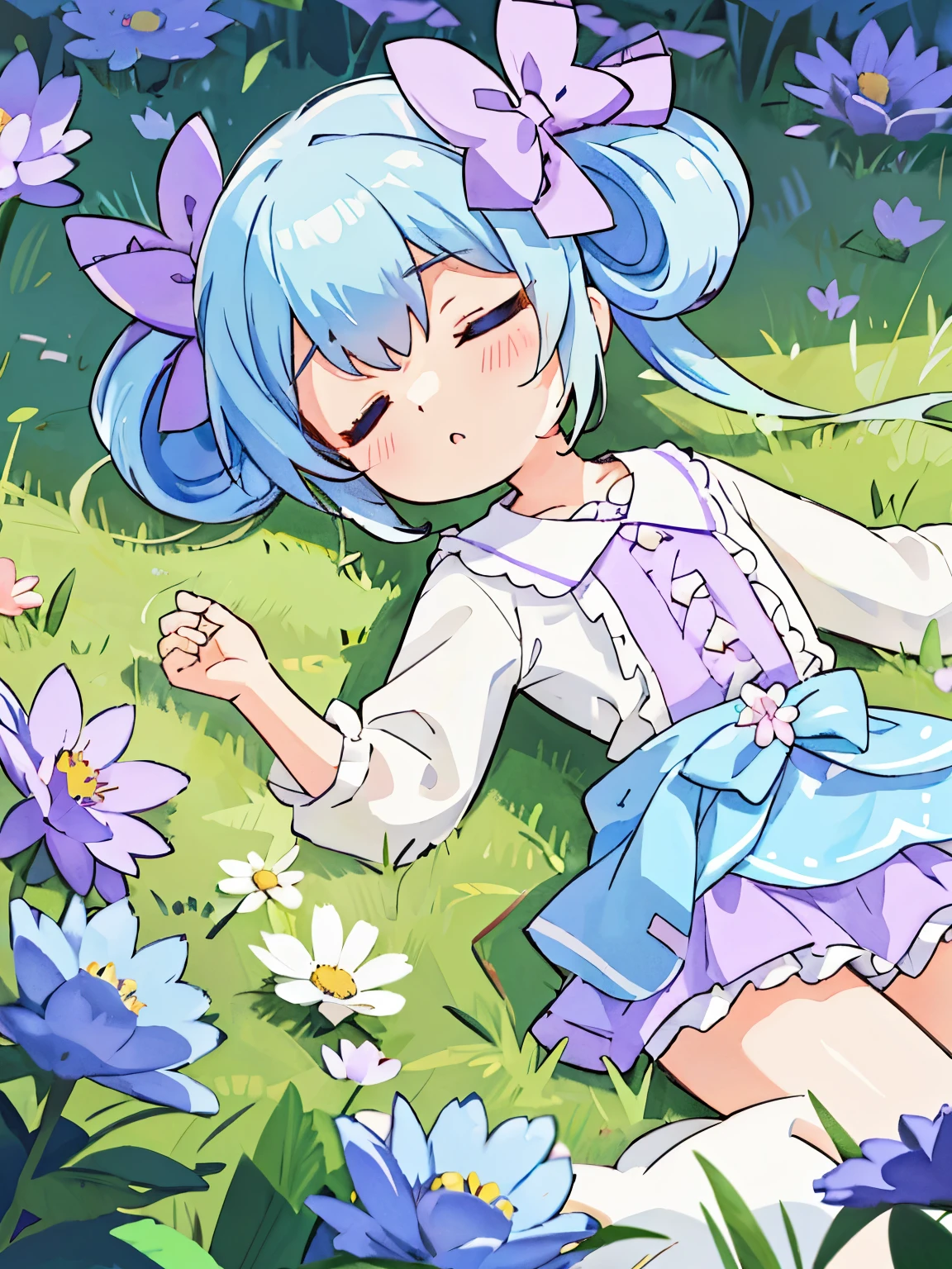 highest quality,Very detailed,masterpiece,White shirt, Pink mini skirt, Frills, Flat Chest, Long Hair, blue eyes, Double good, Purple ribbon, Blue Hair, Twin tails, Hair between the eyes, hair bow, Eyebrows visible through hair,Flower Field,Spread your hands,Lying on your back,lying on the ground,4K resolution,Chibi,Close ~ eyes,sleep,Landscape,大きい犬が傍でsleep