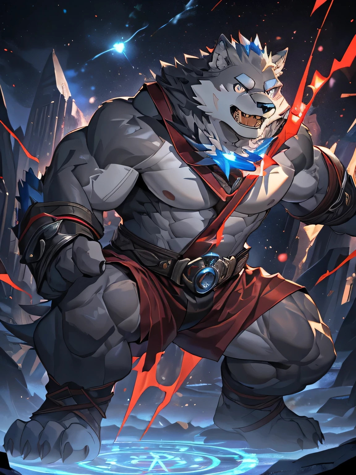 (Super detailed,Practical,high resolution), Darksiders style, (Dark and mysterious atmosphere:Dramatic lighting:1.1), (Sharp focus:1.2), (Vibrant colors:1.1), (Detailed muscles:1.1), (Intense expression), (Strong wolf)，（Naked upper body），（Black eyes），(Muscular physique), (sinister aura), (There is a red magic circle under your feet), (Elegant and seductive posture), (Gray fur), (Sharp eyes:Enchanting), (Muscular limbs), (majestic presence), (grin), (Red is faintly visible on the fur), (Sinuous Movement), (Dynamic and captivating composition), (Impressive attention to detail), (Subtle highlights and shadows:Carefully rendered), (unforgettably beautiful), (Majestic and powerful), (Radiate a feeling of awe and fear), (A sinister and fascinating presence), (Carefully crafted), (Complex texture),