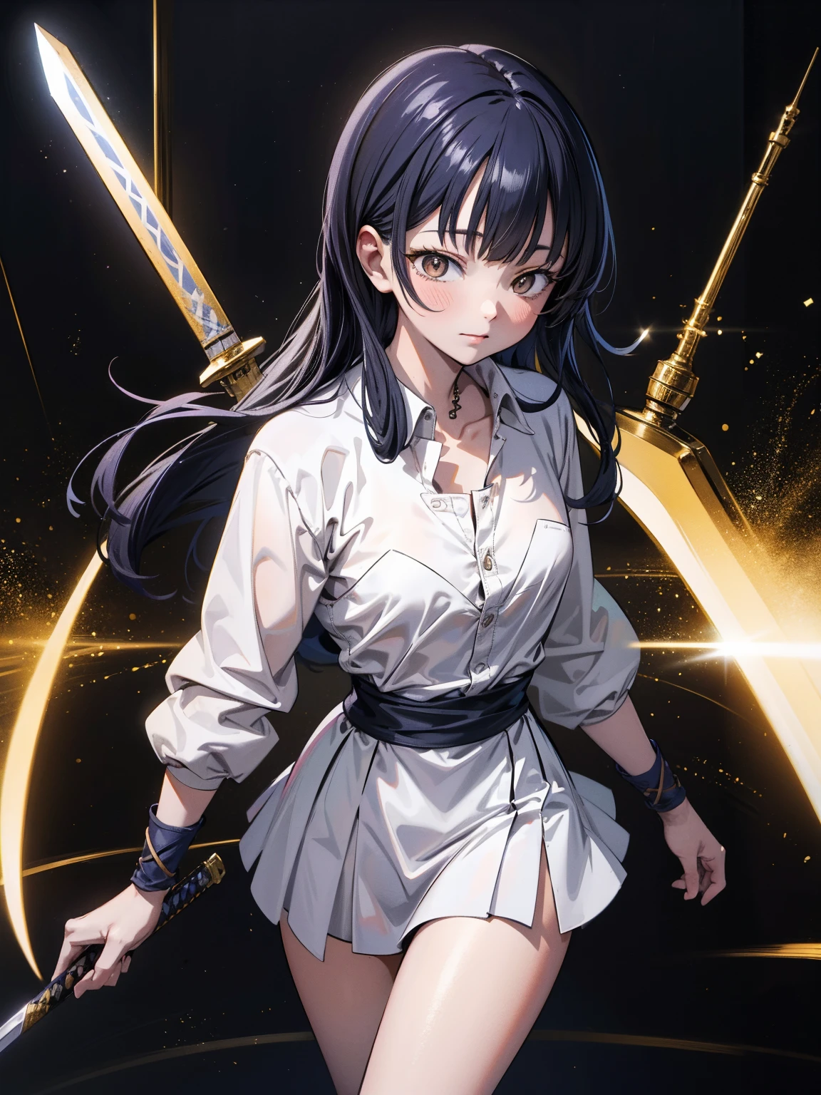 8K,((highest quality)), ((masterpiece)), ((High resolution)), ((Perfect Face)),Cityscape,girl,duel,((whole bodyにオーラを纏う)),((Flat Chest)),((Small breasts)),blouse,Open-collar shirt,((Chest turbulence)),Medium_Straight Hair,Black Hair,Bangs,A confident smile,Iris eye,whole body,swordを握る,swordを構える,((炎を纏った長sword)),((赤く光るsword)),((Size greater than body height_sword)),((ファンタジックなsword)),