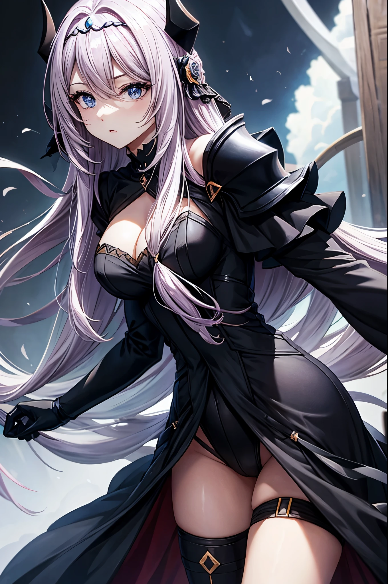 victoria
horns, tiara, veil, black bodysuit, shoulder armor, long sleeves, cleavage cutout, black gloves, black overskirt, black pants