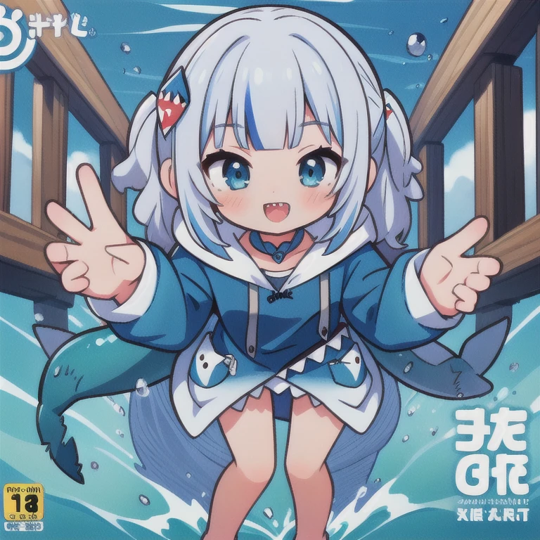 (masterpiece, highest quality), Intricate details, 8k, Art Station, wallpaper, Official Art, Splash Art, smile,
One girl, gawr mouth, Sharp teeth, shark tail, mouth_hoodie, blue hoodie, shark hair ornament, Face Focus, Blake excited, Happy,In the sea,((from below)),full body,((manga cover)) ,soro,