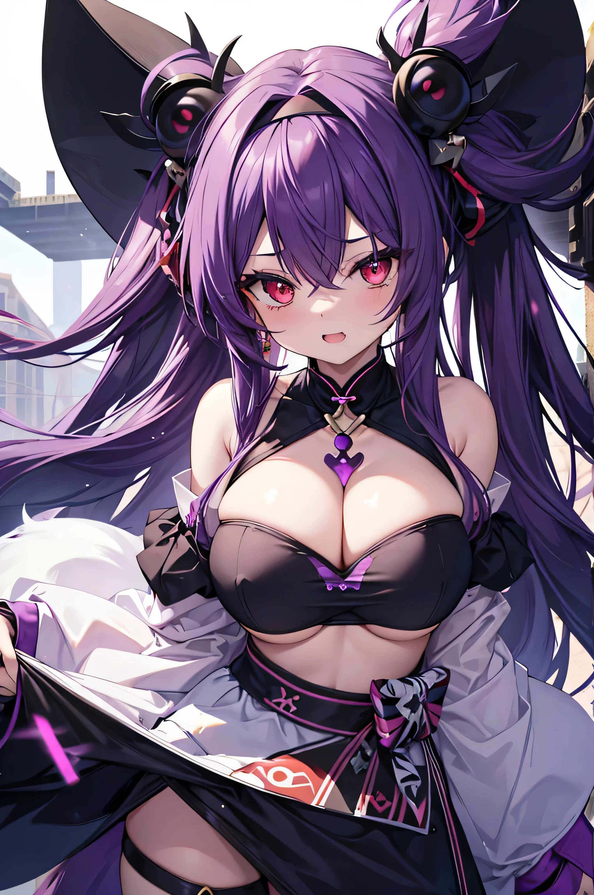 Fox Girl, Large Breasts, Purple and black two-tone hair, masterpiece , Red eyes, hd, Head to Chest, buried in my chest、Underboob、black headband on head、tooth、Double teeth