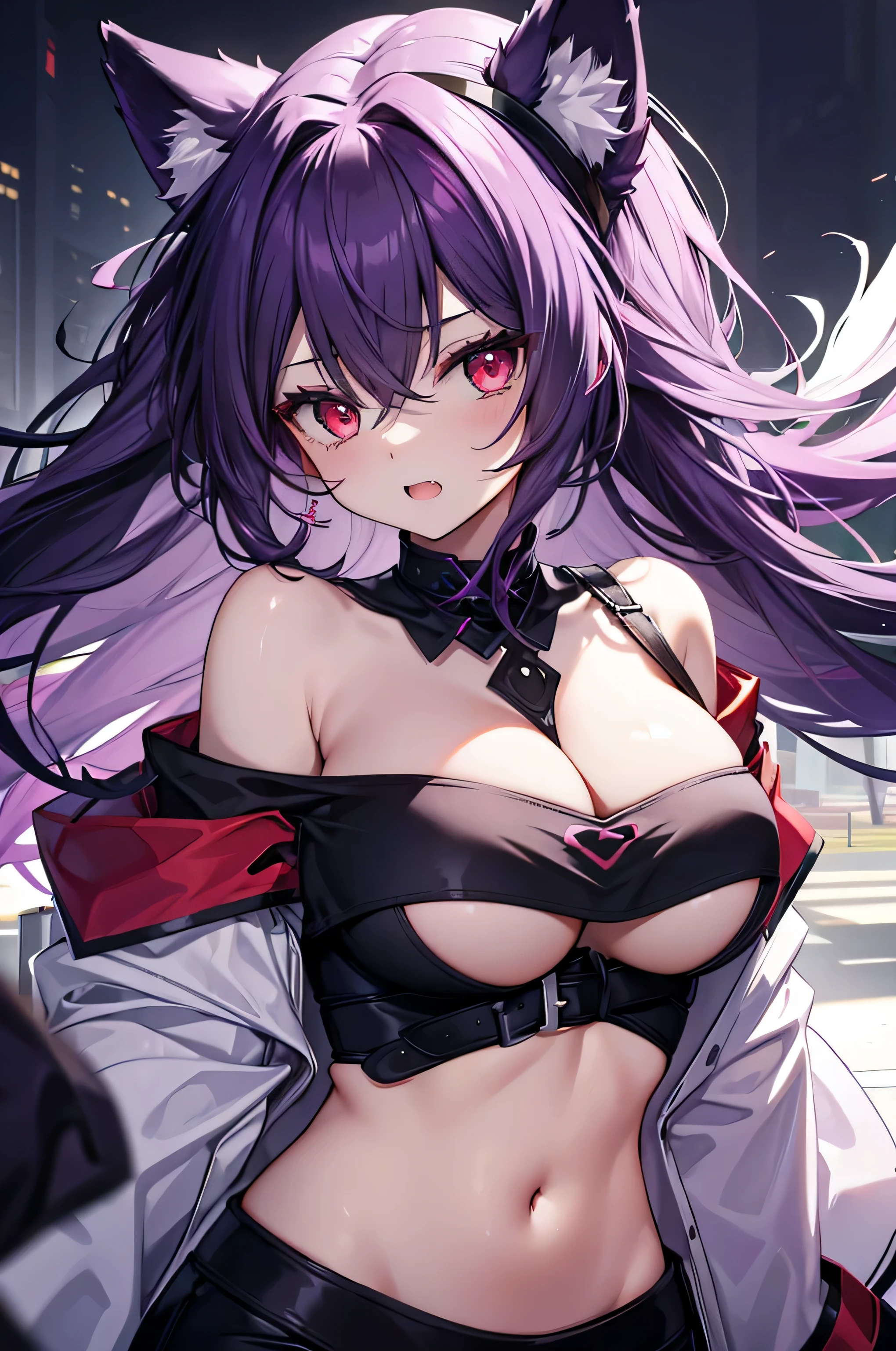Fox Girl, Large Breasts, Purple and black two-tone hair, masterpiece , Red eyes, hd, Head to Chest, buried in my chest、Underboob、black headband on head、tooth、Double teeth