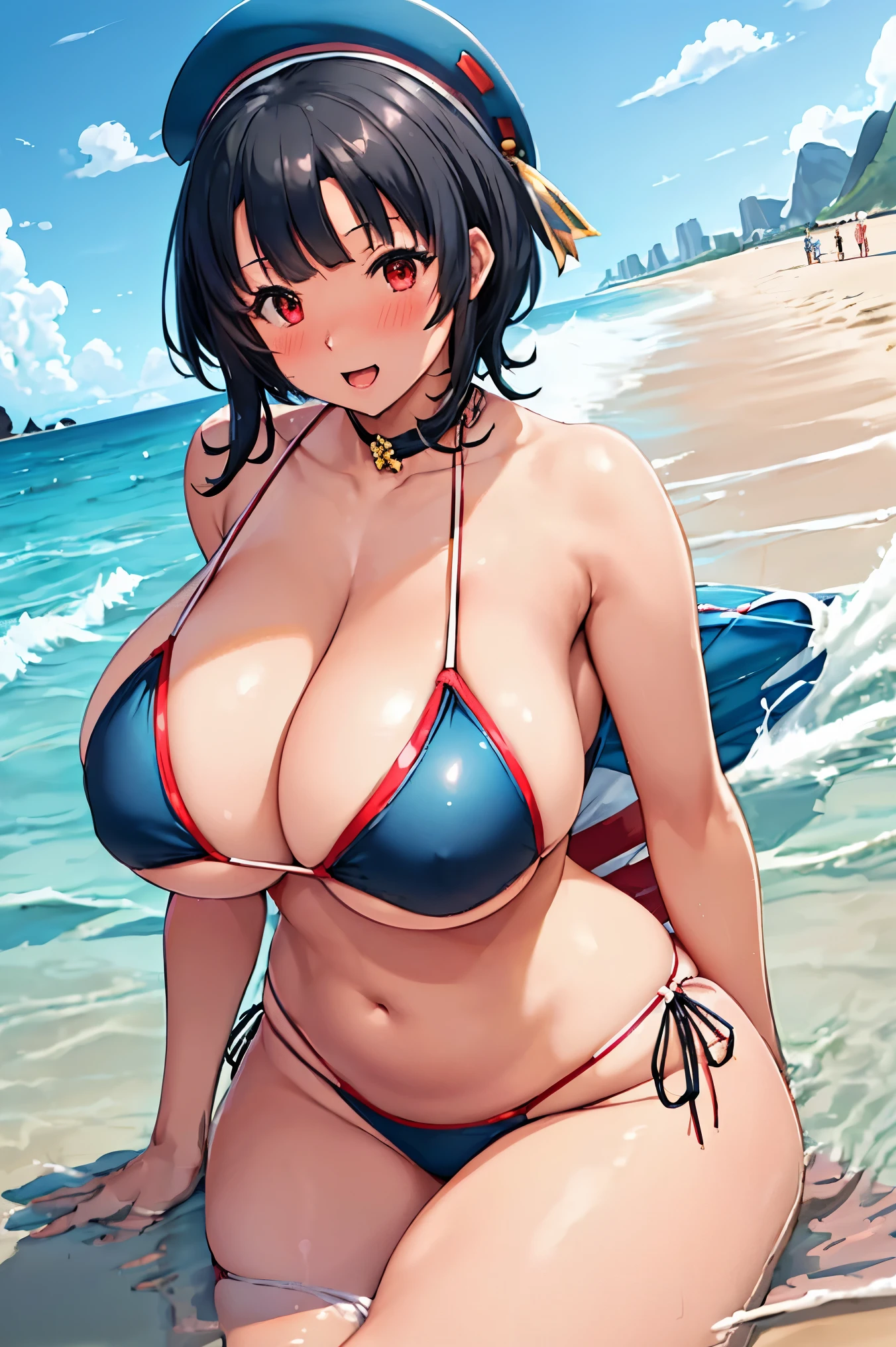 (Masterpiece、high resolution、high quality、anime,anime style),takao_kantaicollection,black_hair, short_hair, red_eyes, breasts, hat, (wide hip:1)(gigantic breasts:1.5),(beach,sea:1.4),blush,open mouth,smile,enjoy、sexy,erotic,blue bikini,yellow line bikini